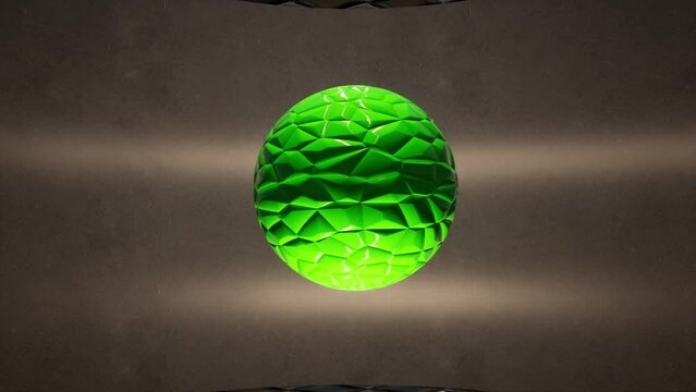 Green glossy sphere rotating slowly in the air, inside minimal space, with bump map applied, 3D animation camera zoom out slowly.