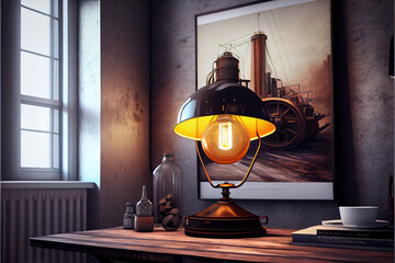 Loft style light bulbs lamp in loft interior. Warm light in cozy room. - obrazy, fototapety, plakaty