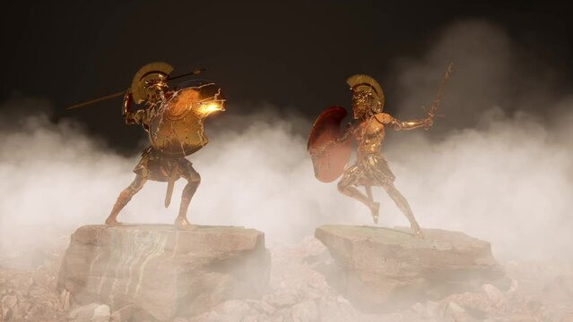 Gold statues of Ancient Greek warriors in fight positions, worn off by time, placed upon big rocks, with fog and smoke at the background, 3D animation camera zoom in slowly