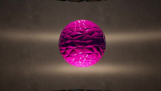 Purple glossy sphere rotating slowly in the air, inside minimal space, with bump map applied, 3D animation camera zoom out slowly.