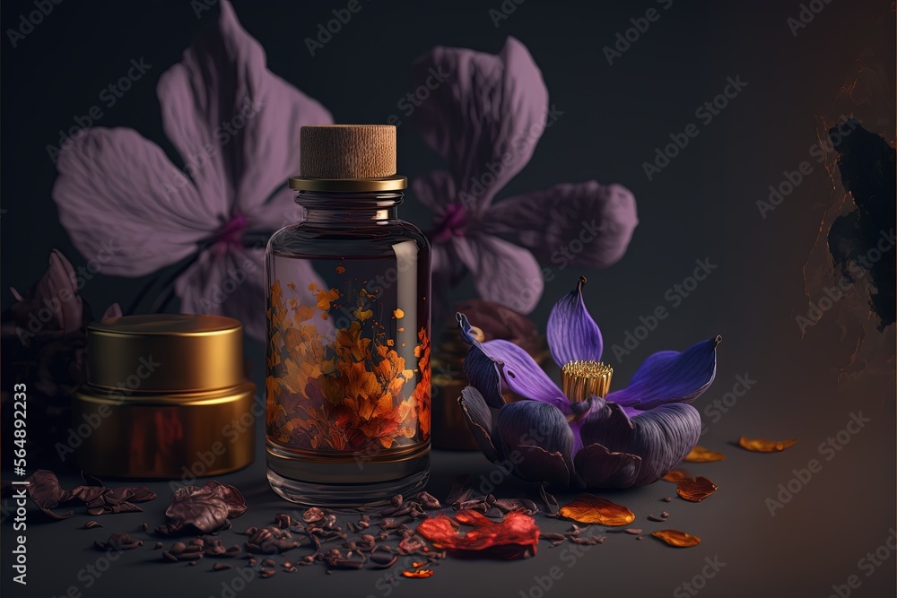Poster a jar of flowers and a container of petals on a table with petals on it and a gold lid on the side o