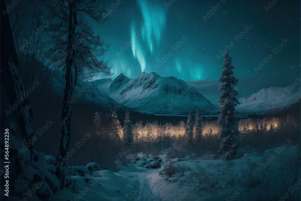 Poster a painting of a snowy landscape with a mountain and a forest with lights in the sky and a river runn