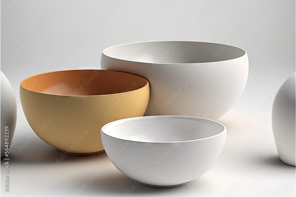 Poster a group of bowls sitting next to each other on a table top with a white background behind them and a
