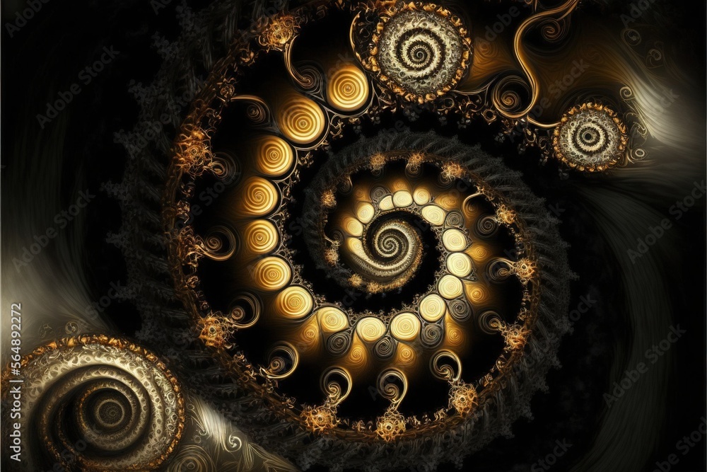Poster a spiral of gold and black with a black background and a white background with a gold spiral in the 