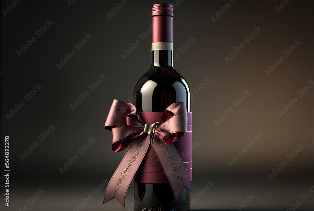Poster a bottle of wine with a bow on it and a bottle of wine in the background with a dark background and 