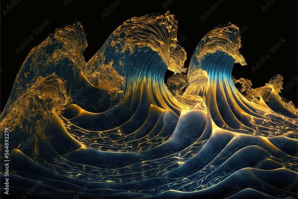 Poster a computer generated image of a wave in the ocean with a black background and a blue and yellow wave