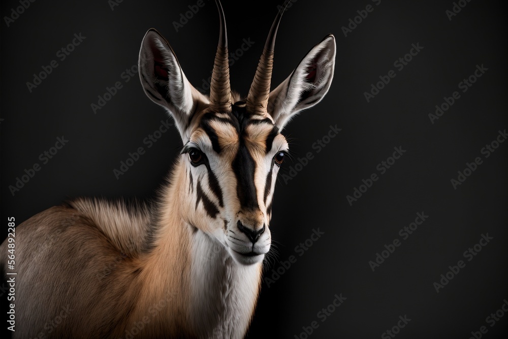 Poster a gazelle with very long horns standing in the dark with its head turned to the side and looking at 
