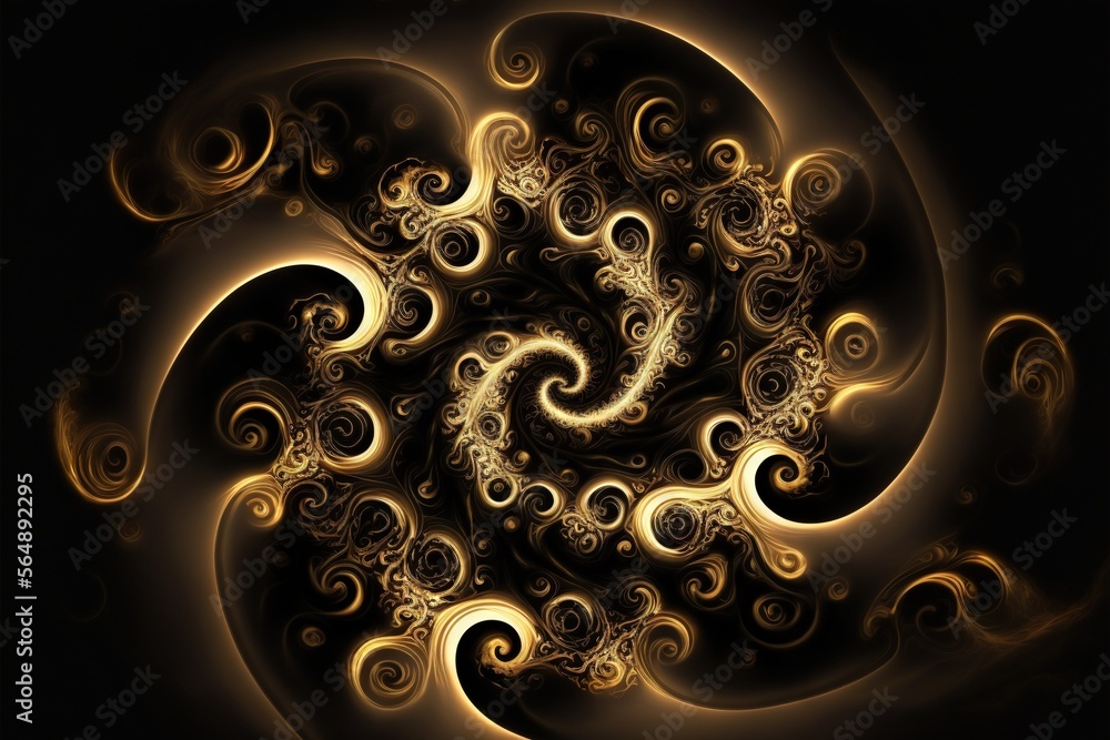 Poster a computer generated image of a spiral design in gold and black colors with a black background and a