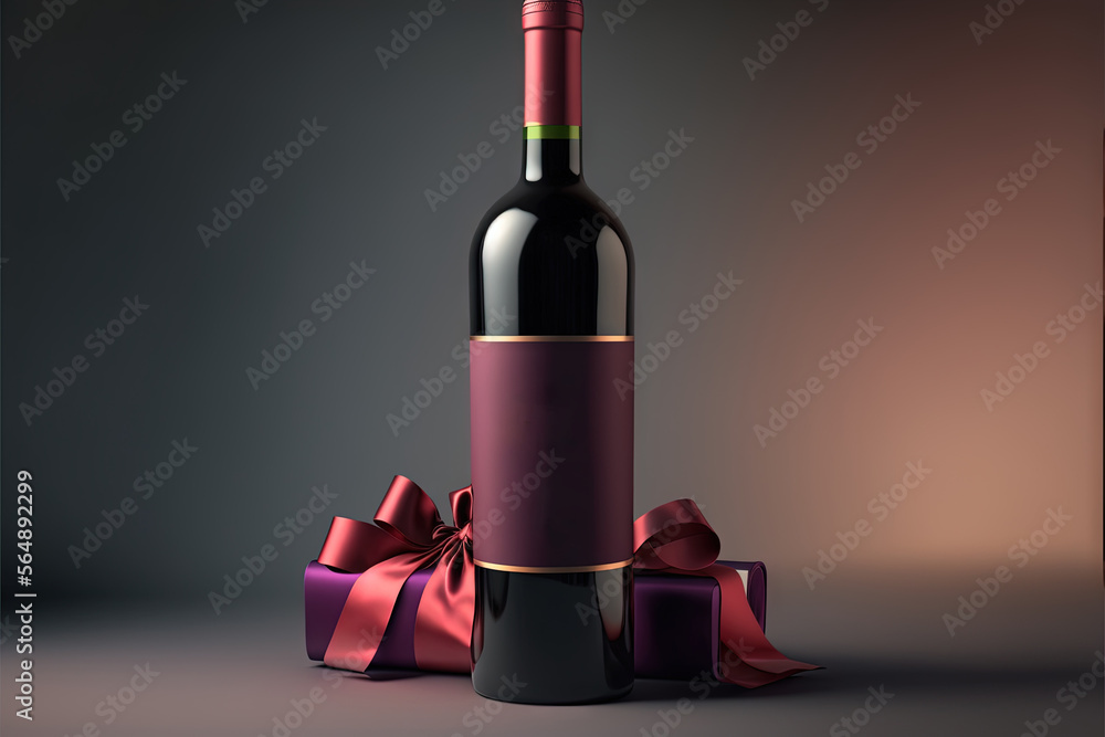 Poster a bottle of wine with a bow around it and a bottle of wine in the background with a ribbon around it