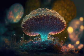 Alien world magical fungus mushroom with vibrant glowing energy stems and spores, unknown and unexplored flora forest teeming with life - generative AI illustration.