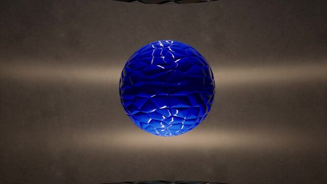 Blue glossy sphere rotating slowly in the air, inside minimal space, with bump map applied, 3D animation camera zoom out slowly.