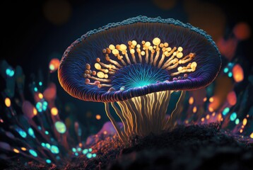 Alien world magical fungus mushroom with vibrant glowing energy stems and spores, unknown and unexplored flora forest teeming with life - generative AI illustration.