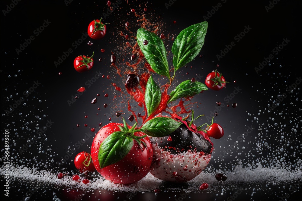 Poster a group of tomatoes splashing into a black background with water droplets and leaves on the top of t