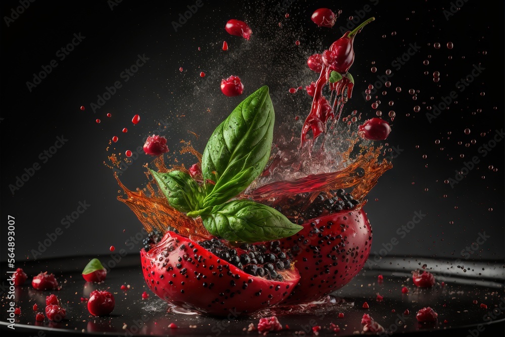 Aufkleber a red fruit with leaves and water splashing out of it on a black surface with red and green objects 