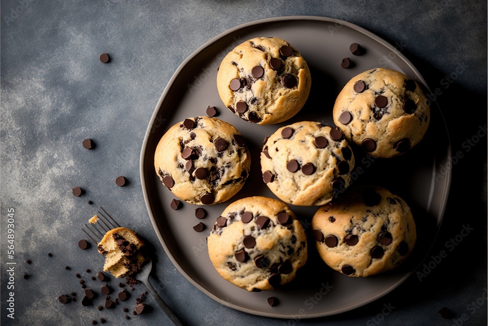 Poster a plate of chocolate chip cookies on a table with a fork and a glass of milk next to it and a fork o