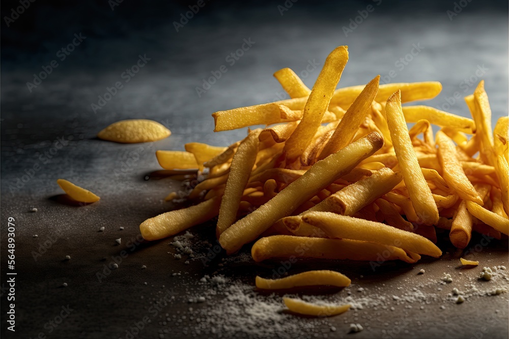 Poster a pile of french fries on a table with salt and pepper on the side of the pile and a bottle of wine 