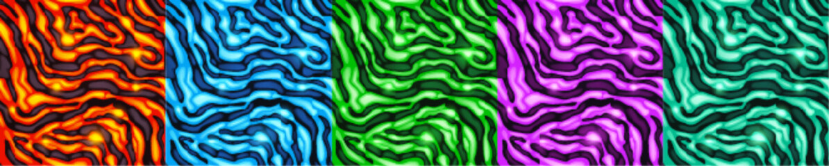 Obraz premium Volcanic lava and rock textures. Seamless patterns with colored hot liquid magma flows and cracked stone ground. Fantasy background with glowing lava in top view, vector cartoon illustration