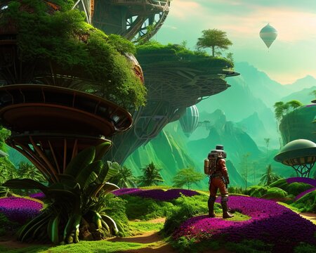 Steampunk Astronaut on a surreal planet, Exploring Surreal alien planet, jungle in the mountains, fantasy landscape, Made with Generative AI