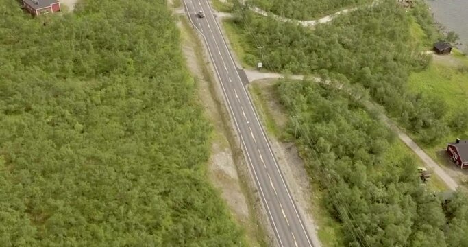 Aerial view at Kilpisj&auml;rvi, Lapland ,Finland and European route E8 that goes from Tromso, Norway to Turku, Finland in summer.