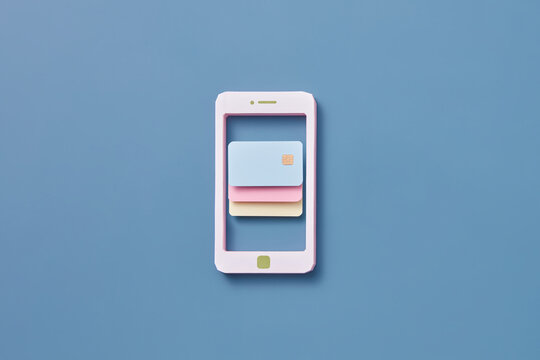 Paper smartphone mock-up with credit cards inside.