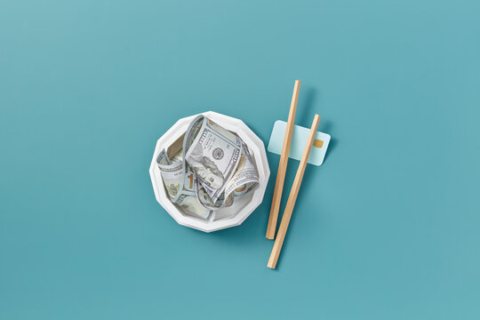 Money as food. Cost of food. Extended 100 dollars noodles in pap