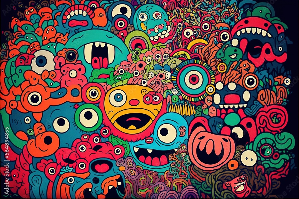 Poster a painting of many different colored monsters and monsters with big eyes and mouths on a black backg