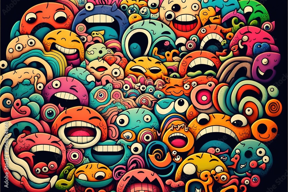Poster a bunch of cartoon faces with different expressions on them, all in different colors and sizes, all 