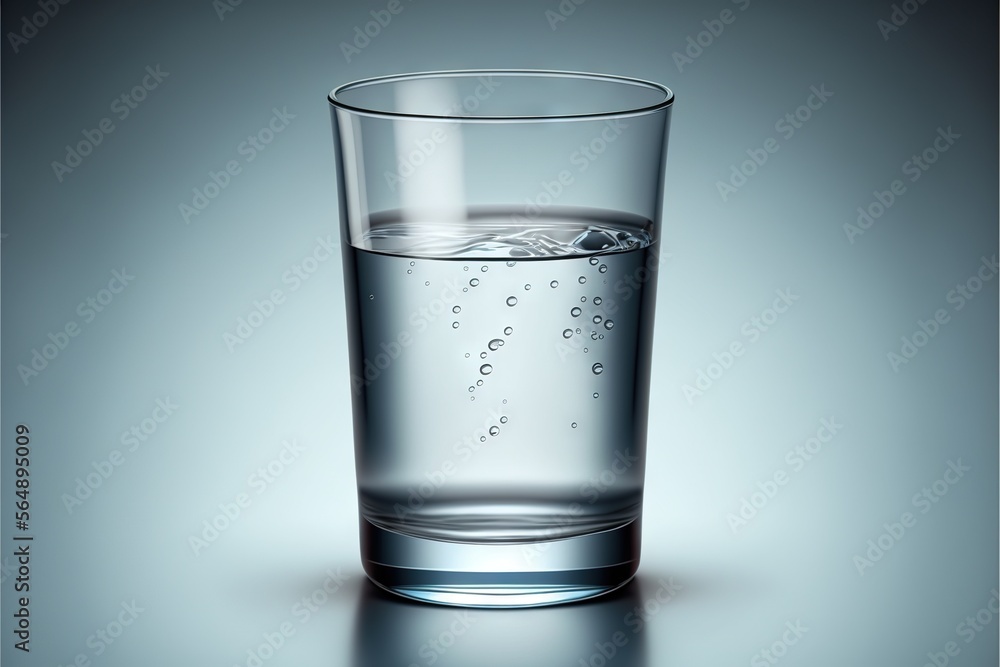 Poster  a glass of water with bubbles on a gray background with a reflection of water in it and a reflection of water in the glass with bubbles on the bottom of the glass, and bottom.