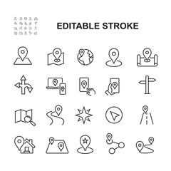 Set of Simple Icons Related to Navigation. Contains icons such as location map, World Map, digital map and many more. Lined Style. Editable Stroke.
