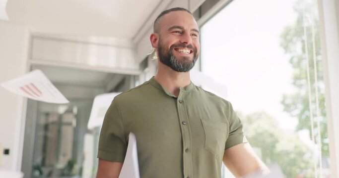 Creative businessman, smile and throwing papers in celebration, victory or accomplishment walking in office. Happy employee male smiling in happiness and celebrating paperwork for startup completion