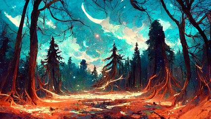 Fototapeta na wymiar Forest scene under starry sky illustration Generative AI Content by Midjourney
