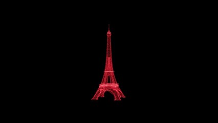3D Eiffel Tower on black background. Object consisting of red flickering particles. Science concept. Abstract bg for title, presentation. Screensaver. 3D animation