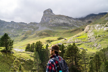 Back view of man in the mountain