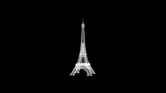 3D Eiffel Tower on black background. Object consisting of white flickering particles. Science concept. Abstract bg for title, presentation. Screensaver. 3D animation