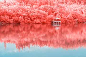 Infrared photography of  traditional Chinese buildings on lake