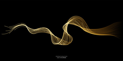 Vector wave lines smooth flowing dynamic gold gradient light isolated on black background for concept of luxury, technology, digital, communication, science, music