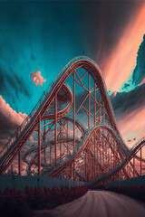 Roller Coaster at Sunset, Fun, Thrill digital painting made with Generative AI