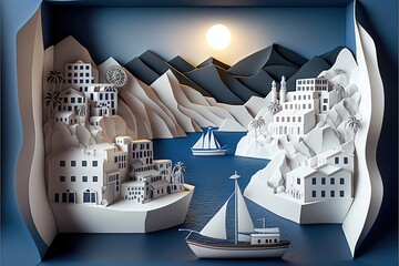 Greek seaport town.AI generated  image of layered paper style art.