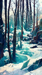 Panorama of winter forest with snow and ice scene illustration Generative AI Content by Midjourney