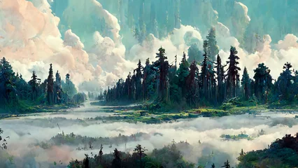 Zelfklevend Fotobehang Mistig bos Panorama of foggy forest. in a misty day illustration Generative AI Content by Midjourney