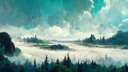 Panorama of foggy forest. in a misty day illustration Generative AI Content by Midjourney