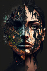 Abstract Portrait of A Woman with Leaves, made with Generative AI