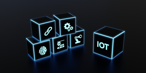 Internet of things - IOT concept. Businessman offer IOT products and solutions. The future of technology. Virtual screen of the future with the inscription: IOT.  3d illustration