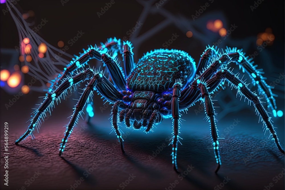 Aufkleber a close up of a spider with blue lights on it's body and legs and legs, on a black background with a