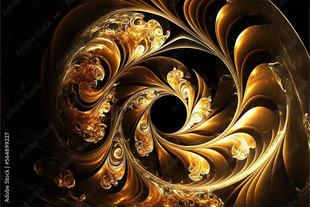 Poster a computer generated image of a golden spiral design on a black background with a black background a