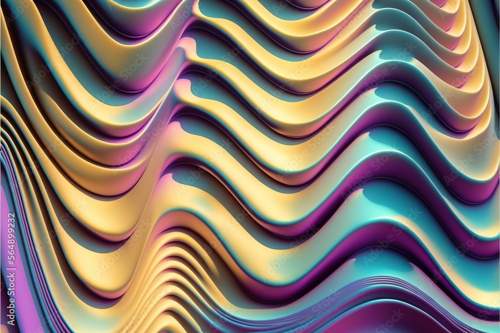 Poster  a computer generated image of a wavy pattern of blue, yellow and pink colors with a wavy wave pattern on the bottom of the image, and bottom half of the image is a horizontal.