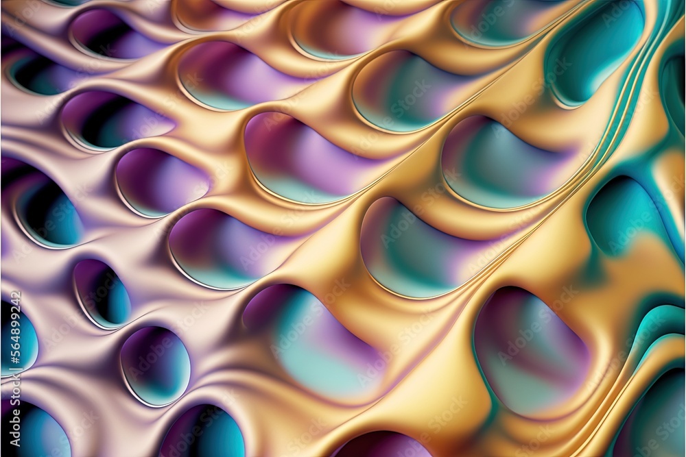 Poster a computer generated image of a colorful pattern of liquid drops and curves in blue, purple, and gol