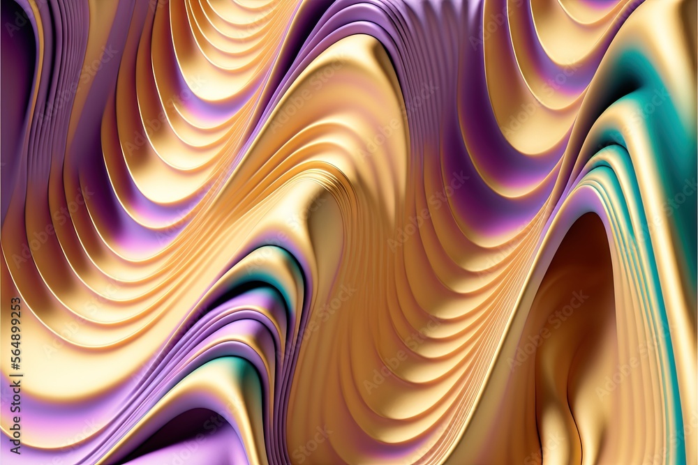 Poster a computer generated image of a wavy, colorful pattern of gold and purple colors with a blue center 