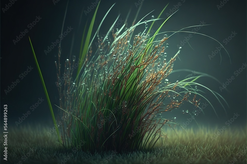 Aufkleber a grass field with a small bush in the middle of it and a dark background with a few small dots of l