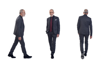 side, back and front  view with same man walking with suit and tie on white background